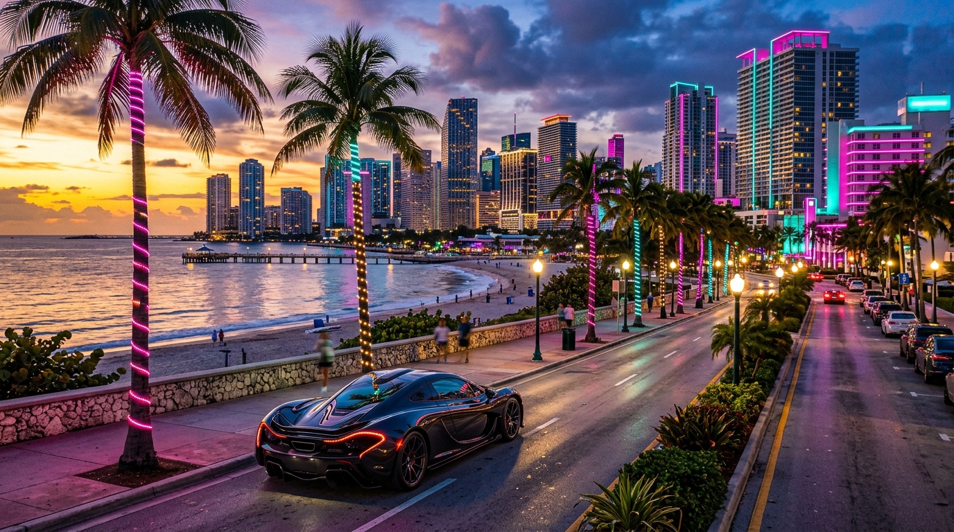 Coastal city skyline neon lighting 202607010305