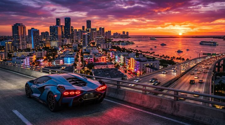 Sports car overlooking coastal city 202607010306